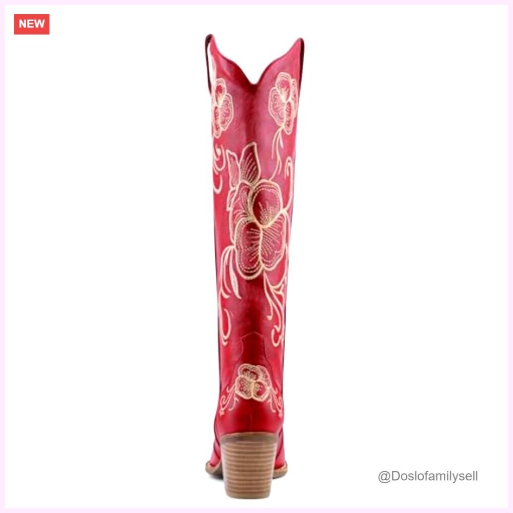 Knee High Cowboy Boots Pointed Toe Chunky Heel Floral Embroidered Pull On - Picture 6 of 7